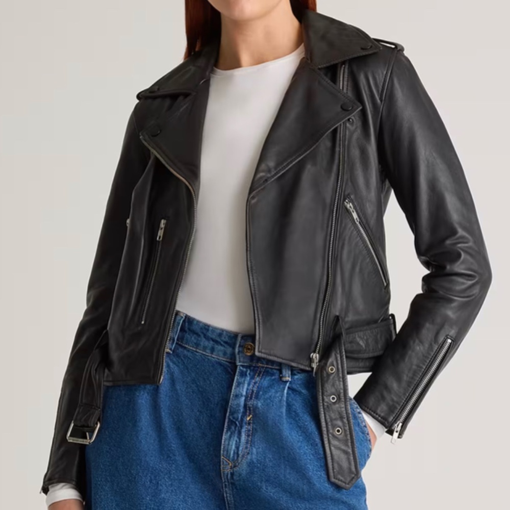 Quince black leather motorcycle jacket, size small